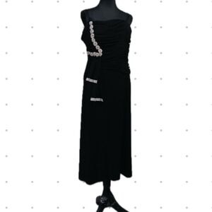 Elegant Black Evening Dress polyester fabric has straps glued by hand as will be